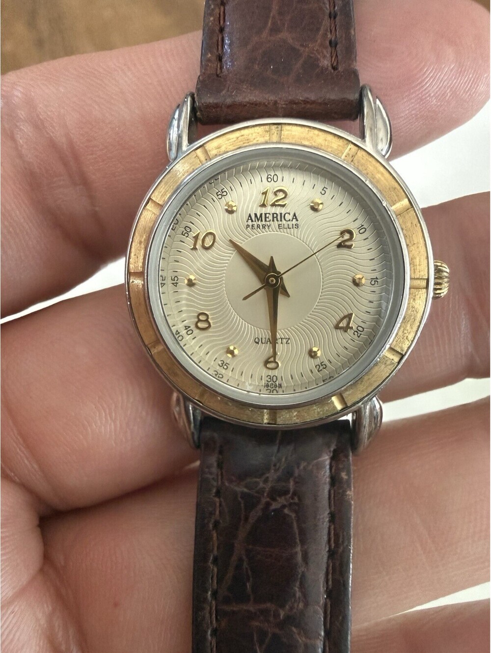 Vintage America Perry Ellis Quartz Watch Brown Leather Needs Battery